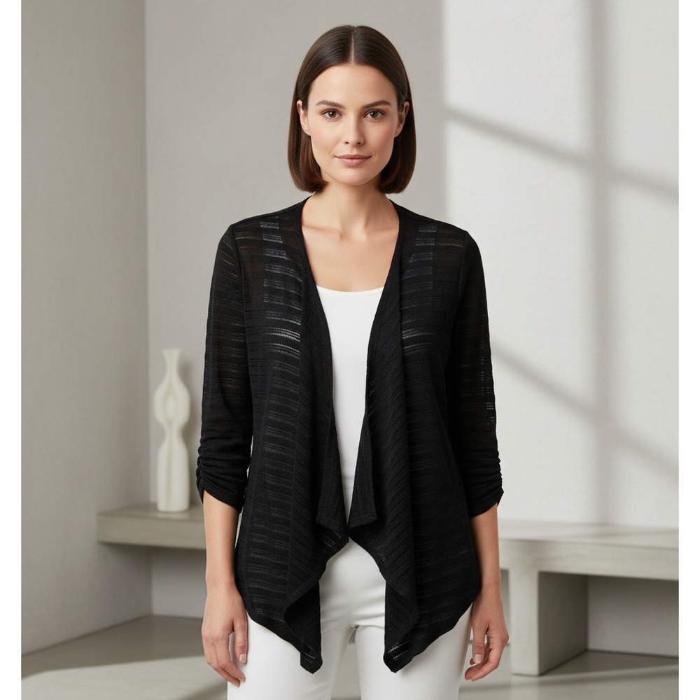 Rafaella Sweater Cardigan Black Draped Lightweight Boho Cottage Office Size L